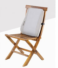 Load image into Gallery viewer, White StitchGreen back rest cushion with strap on a wooden folding chair, lumbar support pillow for lower back pain relief
